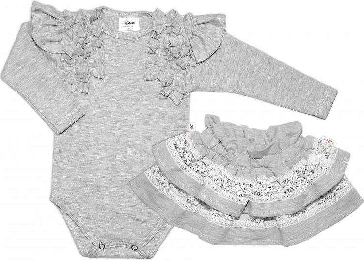 BABY NELLYS  2 dílná sada, body dl.rukáv + suknička s krajkou a volánky, vel. 92, šedá - 92 (18-24m) - obrázek 1