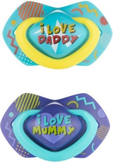Canpol Babies 2 ks symetrických silikonových dudlíků, +18m, Neon Love Baby, modré - obrázek 1