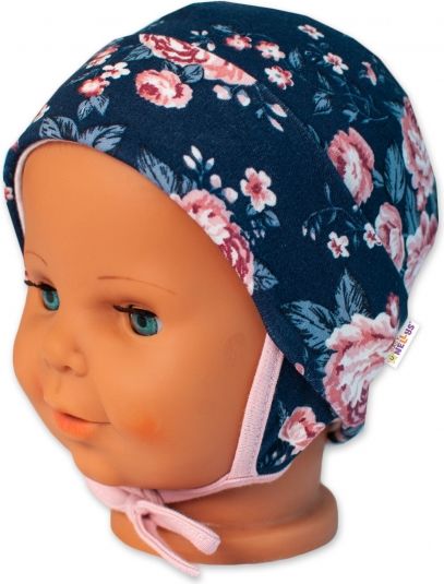Baby Nellys Baby Nellys Bavlněná čepička s oušky na zavazování- Růžičky, pudrová/granátová 50 - obrázek 2
