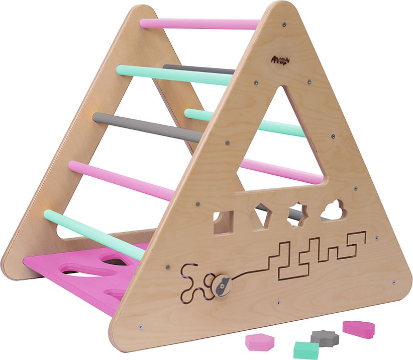 Nouly Toys Montessori Piklerové trojúhelník s activity board stěnou HP-PMT-06 mentolová-růžová-šedá - obrázek 2