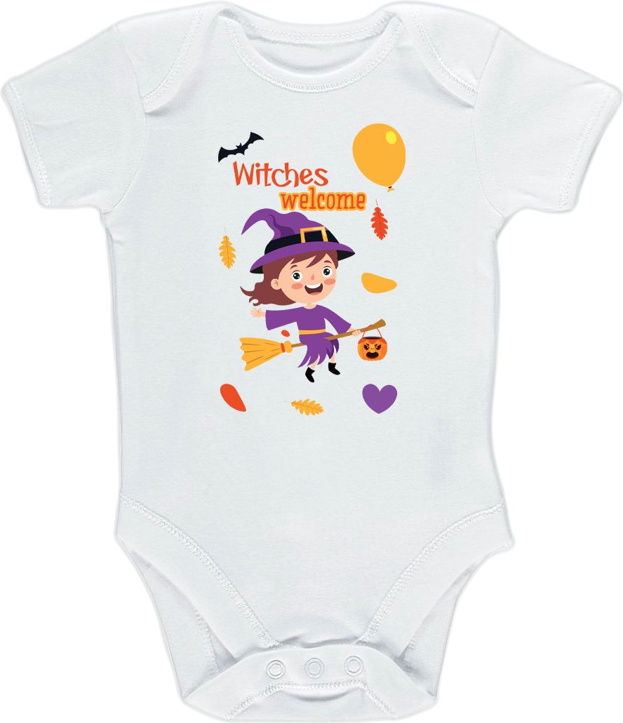 Kojenecké body Ellie Bee, krátký nebo dlouhý rukáv, barva bílá, motiv "Witches welcome" Velikost: 0 - 3 měsíce (56 - 62cm), Rukáv: krátky - obrázek 1