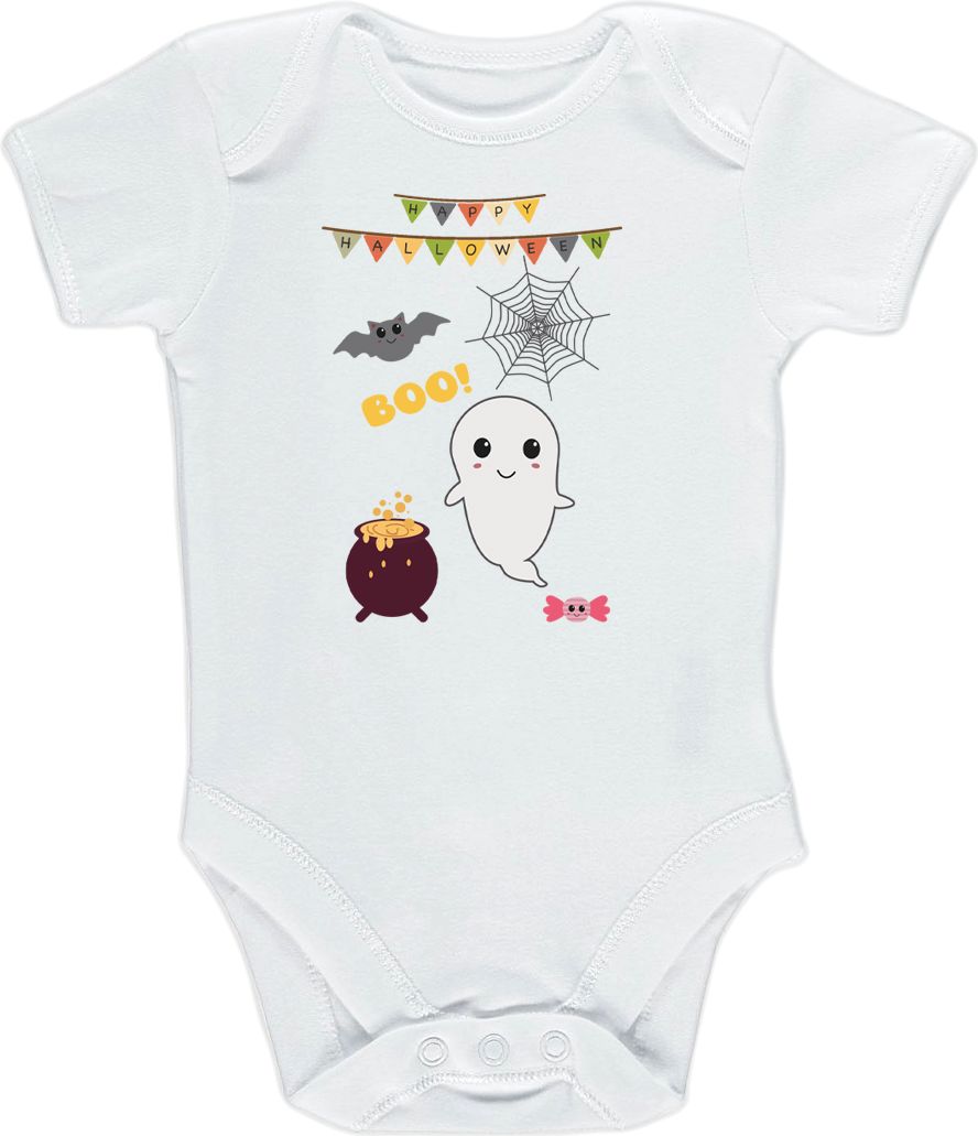 Kojenecké body Ellie Bee, krátký nebo dlouhý rukáv, barva bílá, motiv "Happy Halloween" Velikost: 0 - 3 měsíce (56 - 62cm), Rukáv: krátky - obrázek 1